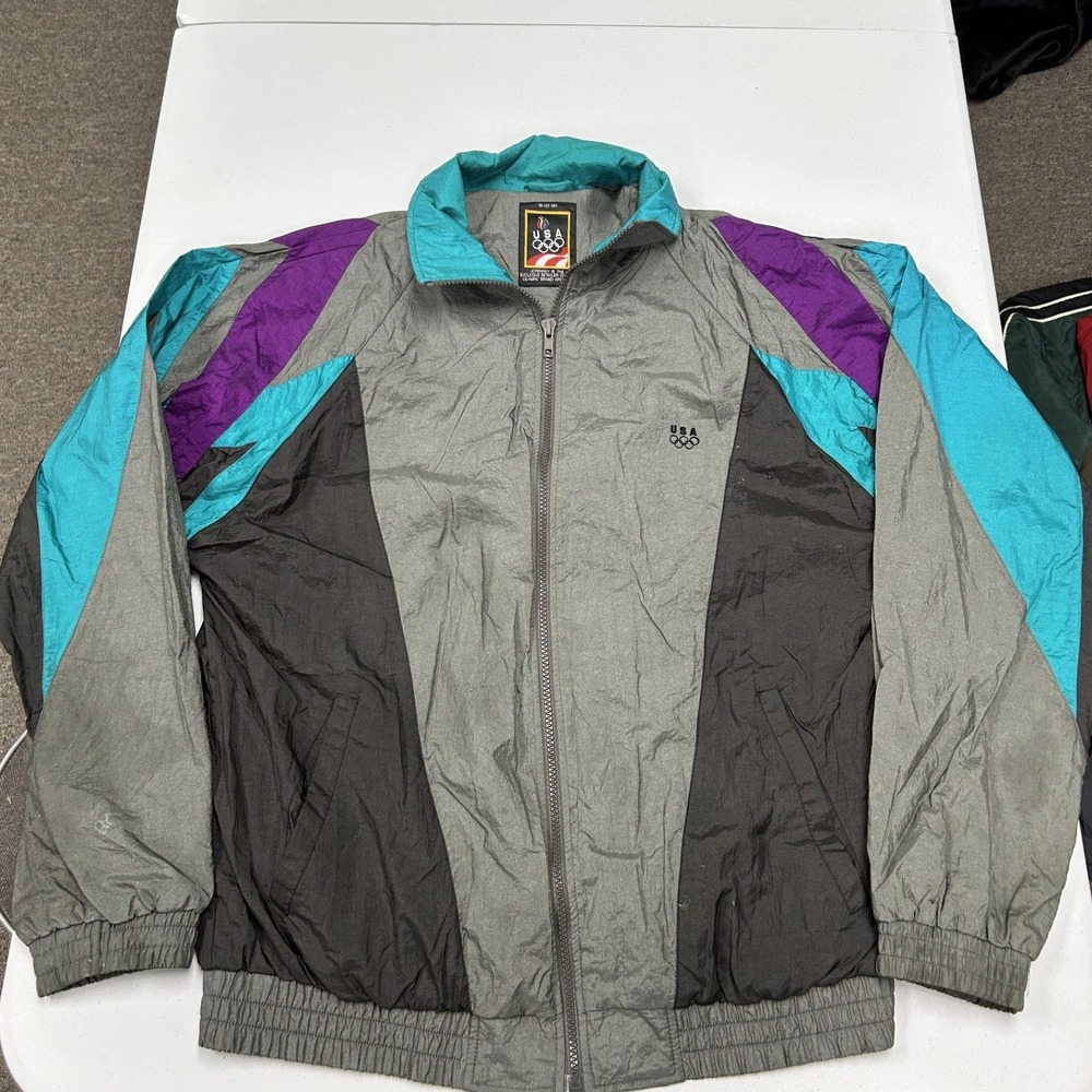 USA Olympic Track Jacket Mens M Grey Teal Colorblock Vintage 90s Windbreaker